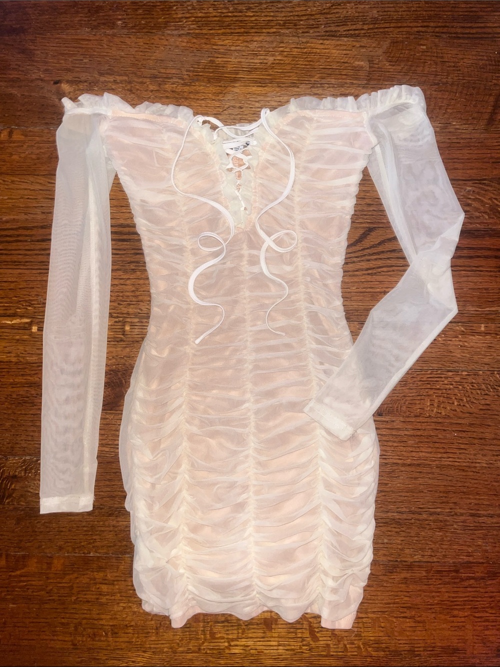 Fashion Nova | Cream Sheer BodyCon Lace-Up Off-Shoulder Dress